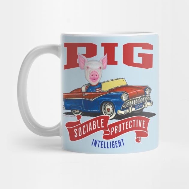 Humor funny and cute Pig driving a vintage classic car to a retro parade with red white and blue flags by Danny Gordon Art